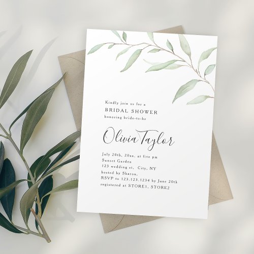 Minimal greenery calligraphy rustic bridal shower invitation