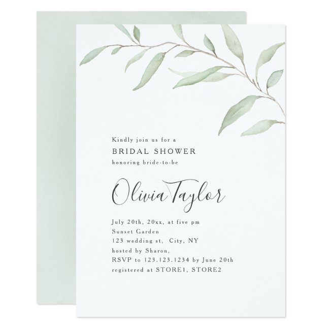 Minimal greenery calligraphy rustic bridal shower invitation