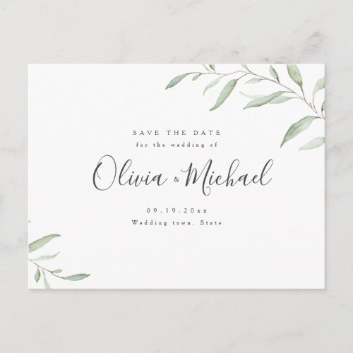 Minimal greenery calligraphy rustic save the date announcement postcard