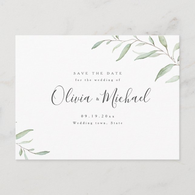 Minimal greenery calligraphy rustic save the date announcement postcard (Front)