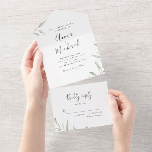 Minimal greenery calligraphy rustic wedding all in one invitation