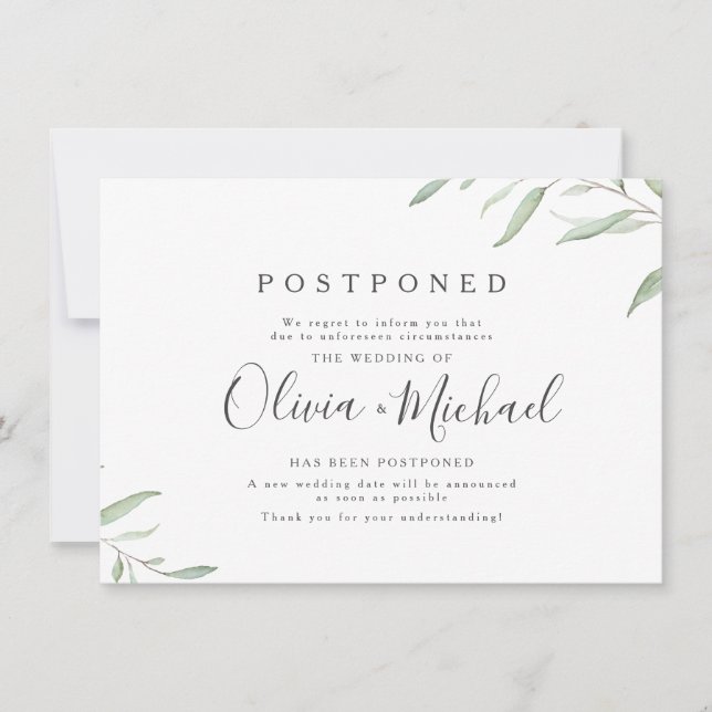 Minimal greenery calligraphy wedding postponement invitation (Front)