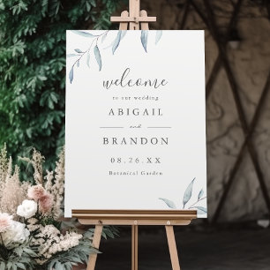 minimal greenery dusty blue wedding welcome sign