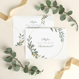 Minimal Greenery & Gold Will You Be My Bridesmaid Invitation Postcard
