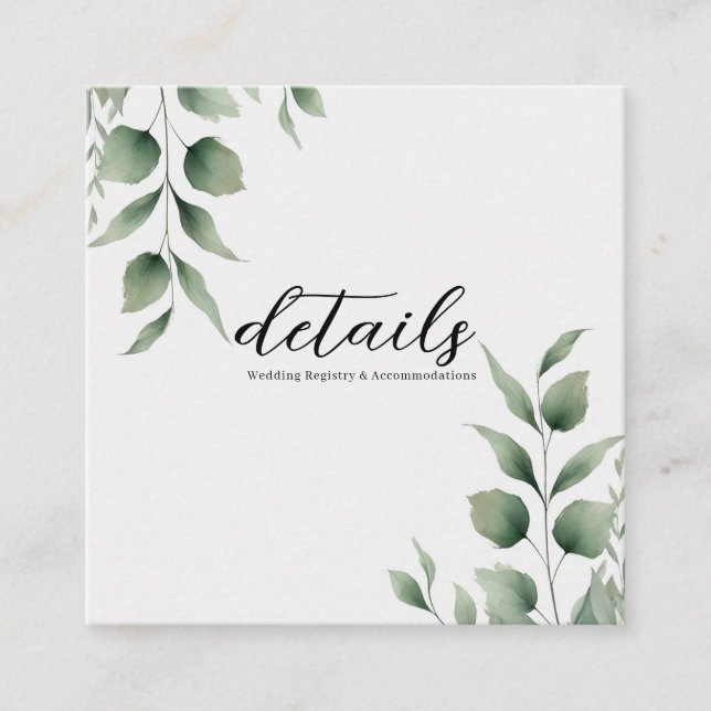 Minimal Greenery Leaves Modern Wedding Details Square Business Card (Front)