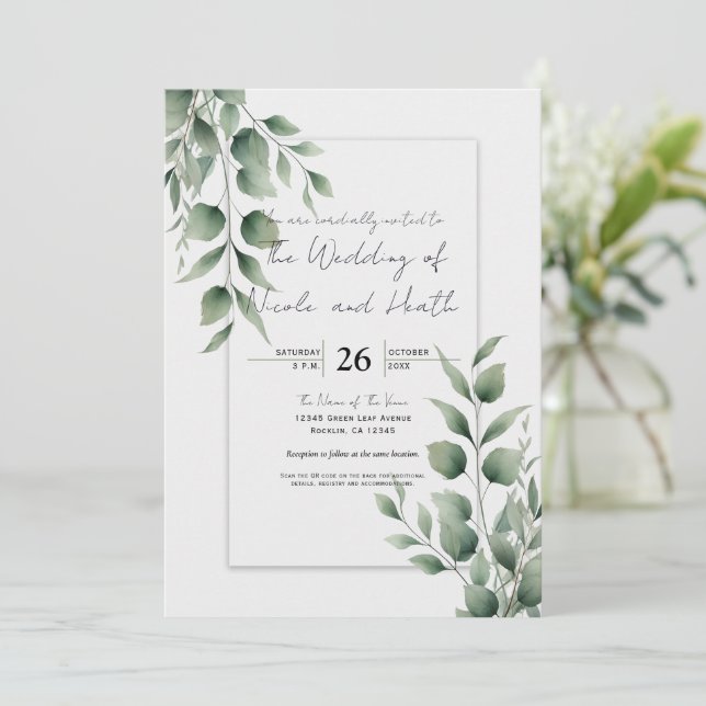 Minimal Greenery Leaves Modern White Wedding Invitation (Standing Front)