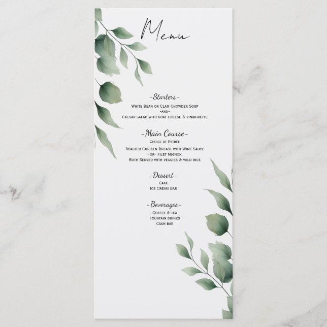 Minimal Greenery Leaves Modern White Wedding Menu (Front)