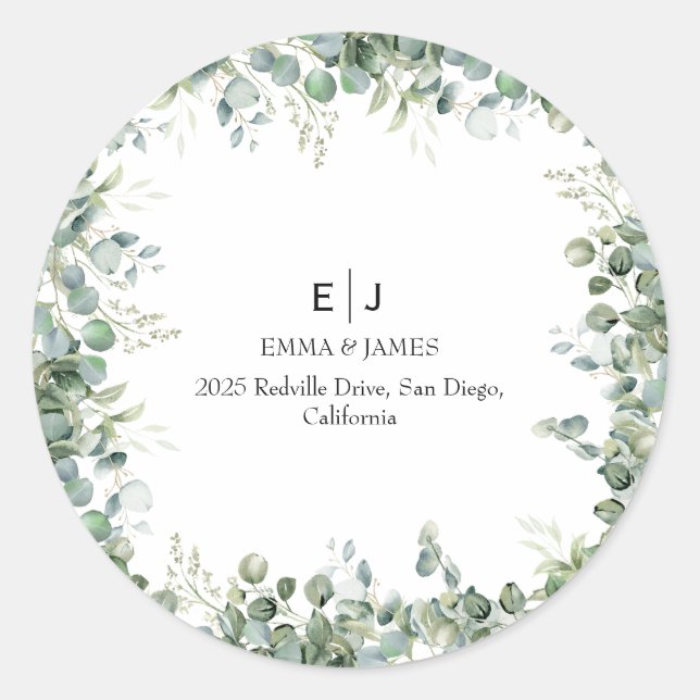 Minimal Greenery Monogram Round Sticker (Front)
