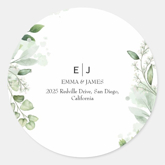 Minimal Greenery Monogram Round Sticker (Front)