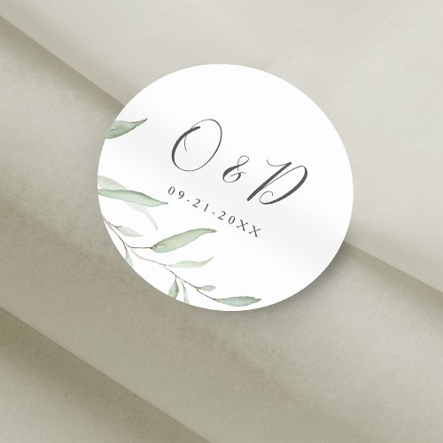 Minimal greenery monogram wedding favor classic round sticker