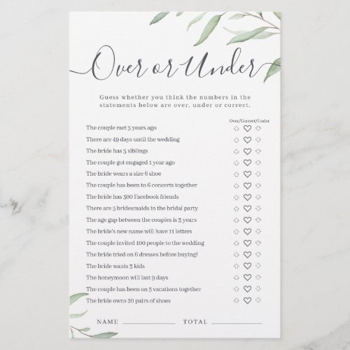 Minimal greenery Over or Under bridal shower game