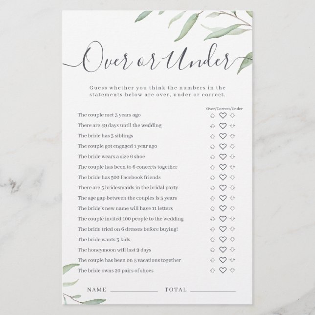 Minimal greenery Over or Under bridal shower game (Front)