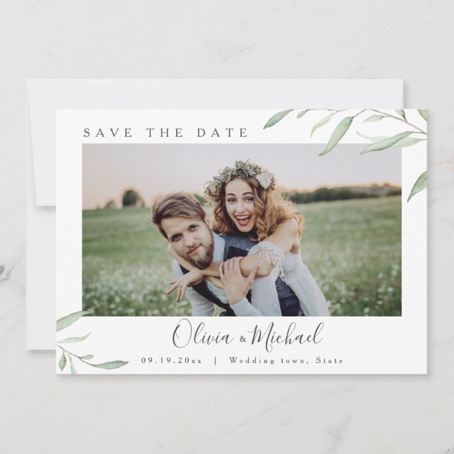 Minimal greenery photo wedding save the date invitation (Front)