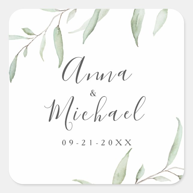 Minimal greenery rustic wedding favor square sticker (Front)