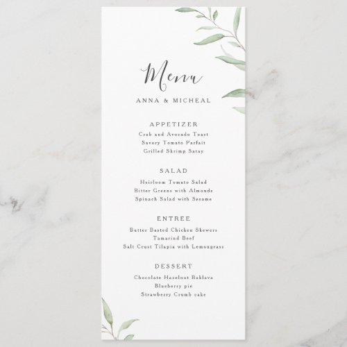 Minimal greenery rustic wedding menu