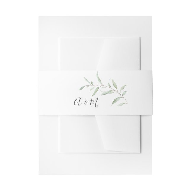 Minimal greenery rustic wedding monogram invitation belly band (Front Example)