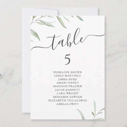 Minimal greenery script table number seating chart