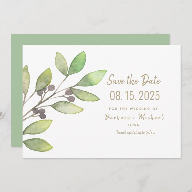 Minimal Greenery Simple Calligraphy Wedding Save The Date (Front/Back)
