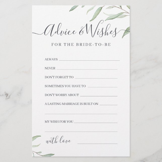 Minimal greenery wedding advice & wishes card (Front)