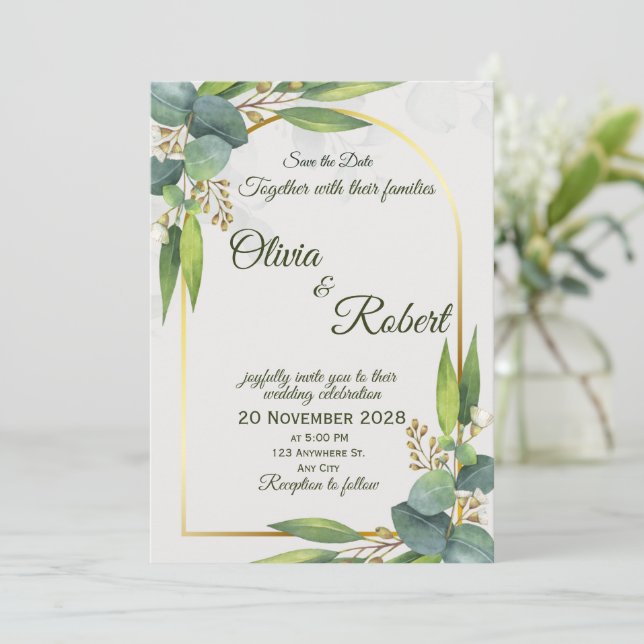 Minimal Greenery Wedding Invitation Gold Arch (Standing Front)
