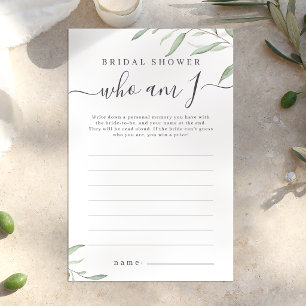 Minimal greenery who am I bridal shower game