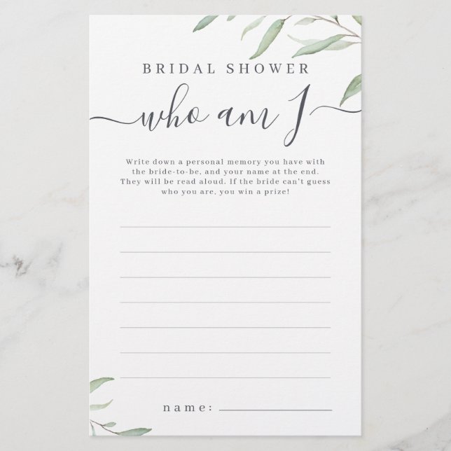 Minimal greenery who am I bridal shower game (Front)