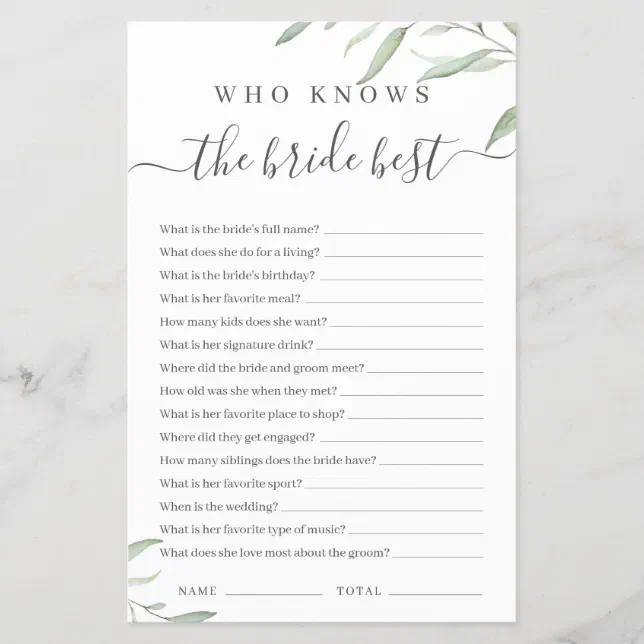 Minimal greenery who knows the bride best game | Zazzle