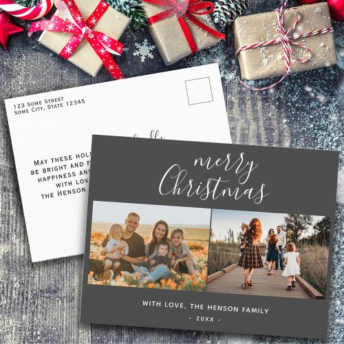 Minimal Grey Christmas Script Family 2 Photo  Holiday Postcard