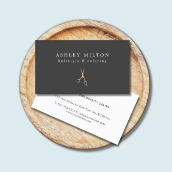 Minimal Grey Faux Gold Scissors Hair Stylist Business Card by pro_business_card at Zazzle