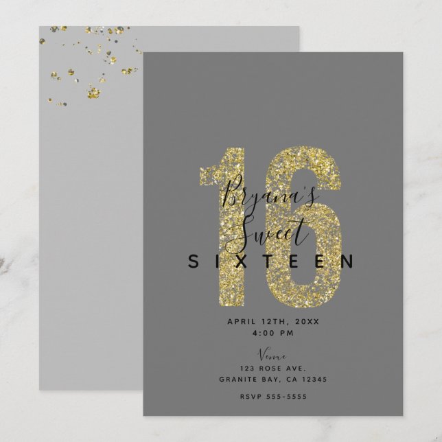 Minimal Grey Gold Flakes 16 Glitter 16th Birthday  Invitation (Front/Back)