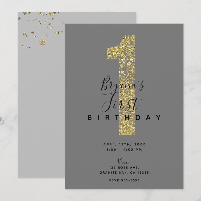 Minimal Grey Gold Flakes 1 Glitter 1st Birthday In Invitation (Front/Back)