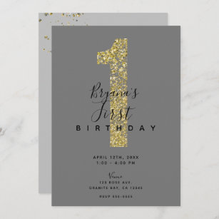 Minimal Grey Gold Flakes 1 Glitter 1st Birthday In Invitation