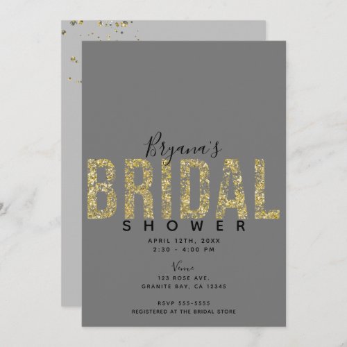 Minimal Grey Gold Flakes Glitter Bridal Shower Inv Invitation