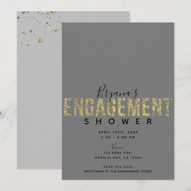 Minimal Grey Gold Flakes Glitter Engagement Shower Invitation (Front/Back)