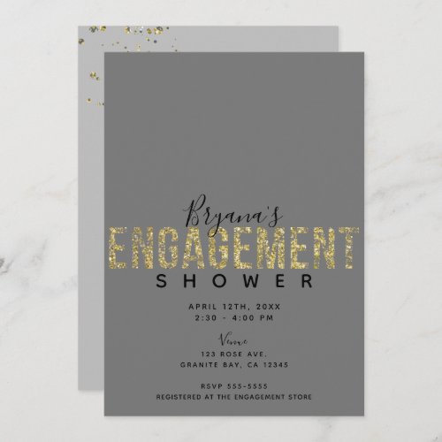 Minimal Grey Gold Flakes Glitter Engagement Shower Invitation