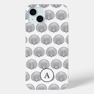 Minimal Grey Monogramed Seashell Pattern iPhone 15 Plus Case
