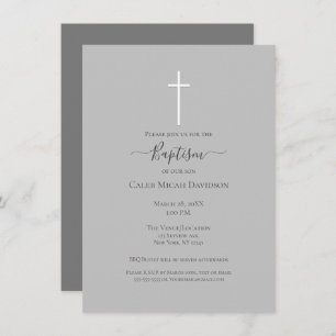 Minimal Grey & White Cross Baptism Invitation