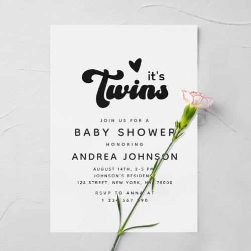 Minimal Groovy Retro Twins Heart Baby Shower Invitation