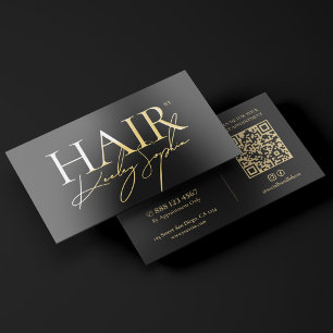 Minimal Hair Stylist Black Signature Gold Foil Business Cards
