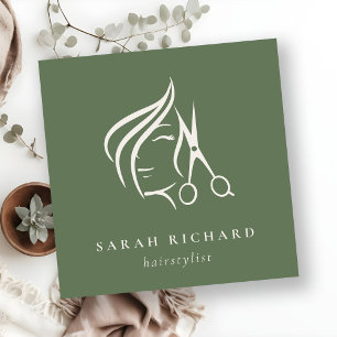 Minimal Hairstylist Dusky Moss Green Hair Scissor Square Business Card
