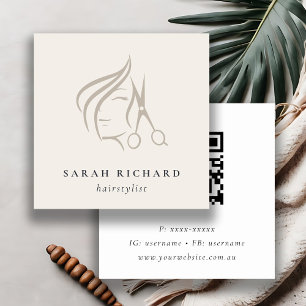Minimal Hairstylist Ivory Hair Scissor QR Code Square Business Card