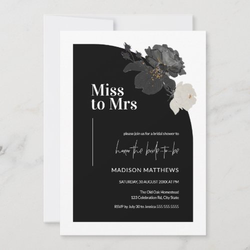 Minimal Half Arch Miss to Mrs Black Floral Bridal  Invitation