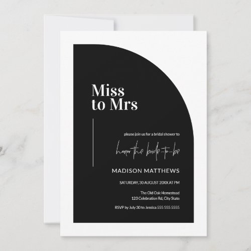 Minimal Half Arch Miss to Mrs Black  White Bridal Invitation