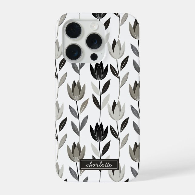 Minimal Hand drawn Boho Tulips Monogram Name Iphone Case (Back)