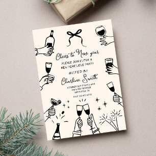Minimal Hand Drawn “Cheers to New Year” Party Invitation