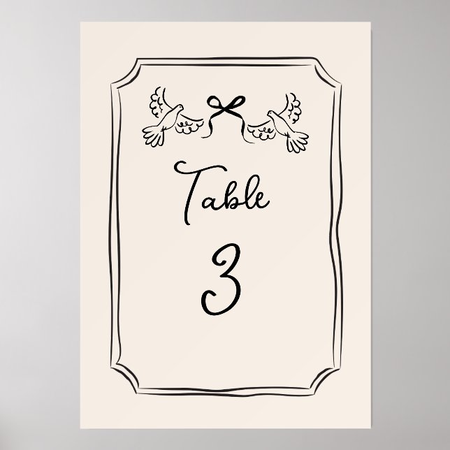Minimal Hand-Drawn Doves Wedding Table Number Card Holder (Front)