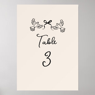 Minimal Hand-Drawn Doves Wedding Table Number Card Holder