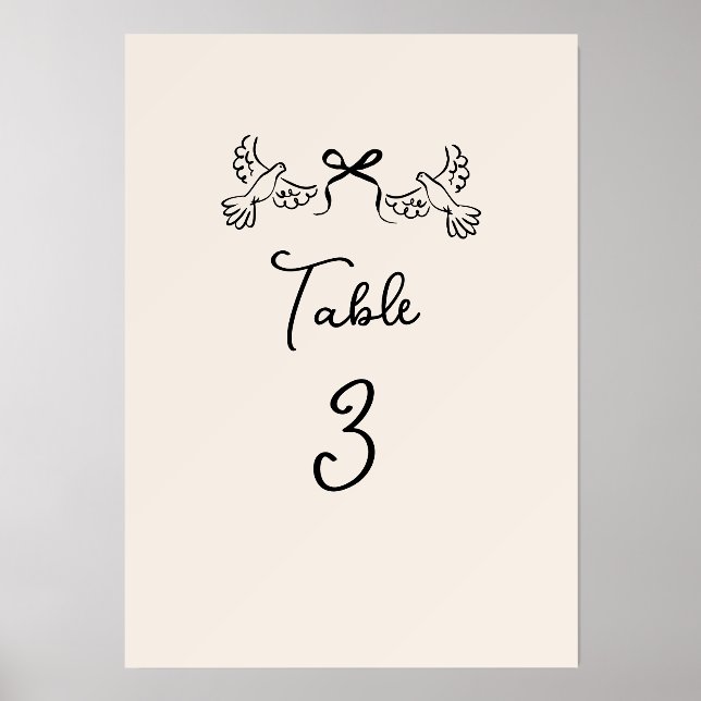 Minimal Hand-Drawn Doves Wedding Table Number Card Holder (Front)