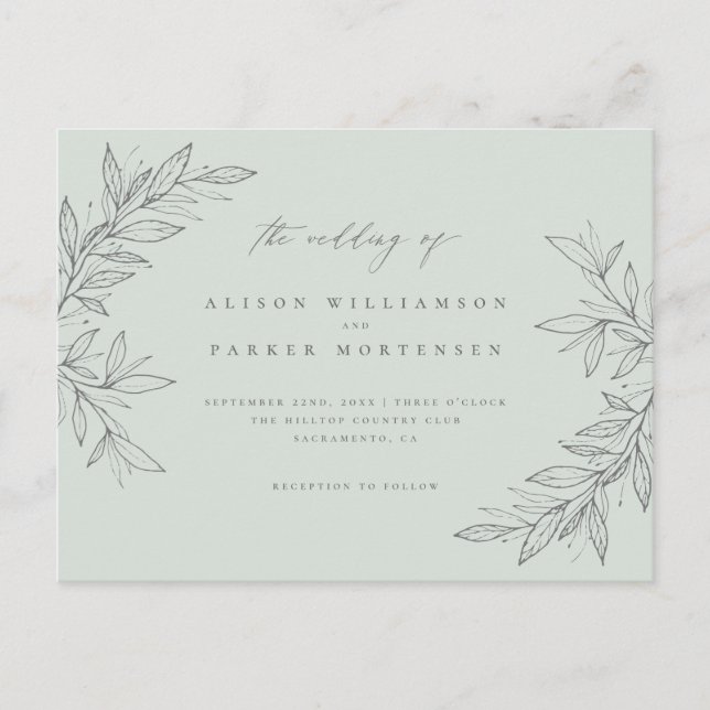 Minimal Hand-drawn Greenery Mint Botanical Wedding Invitation Postcard (Front)