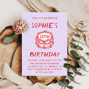 Minimal Hand Drawn Red Cake 16th Birthday Invitation